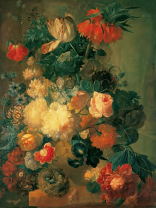 Fiori dentro un vaso e nido d'uccelli