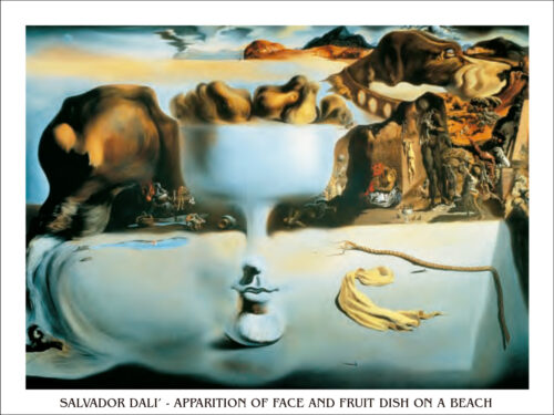 Apparition of face and fruit dish on a beach